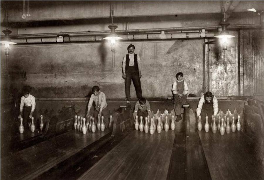 Pin boys at the Subway Bowling Alleys, Brooklyn, 1910