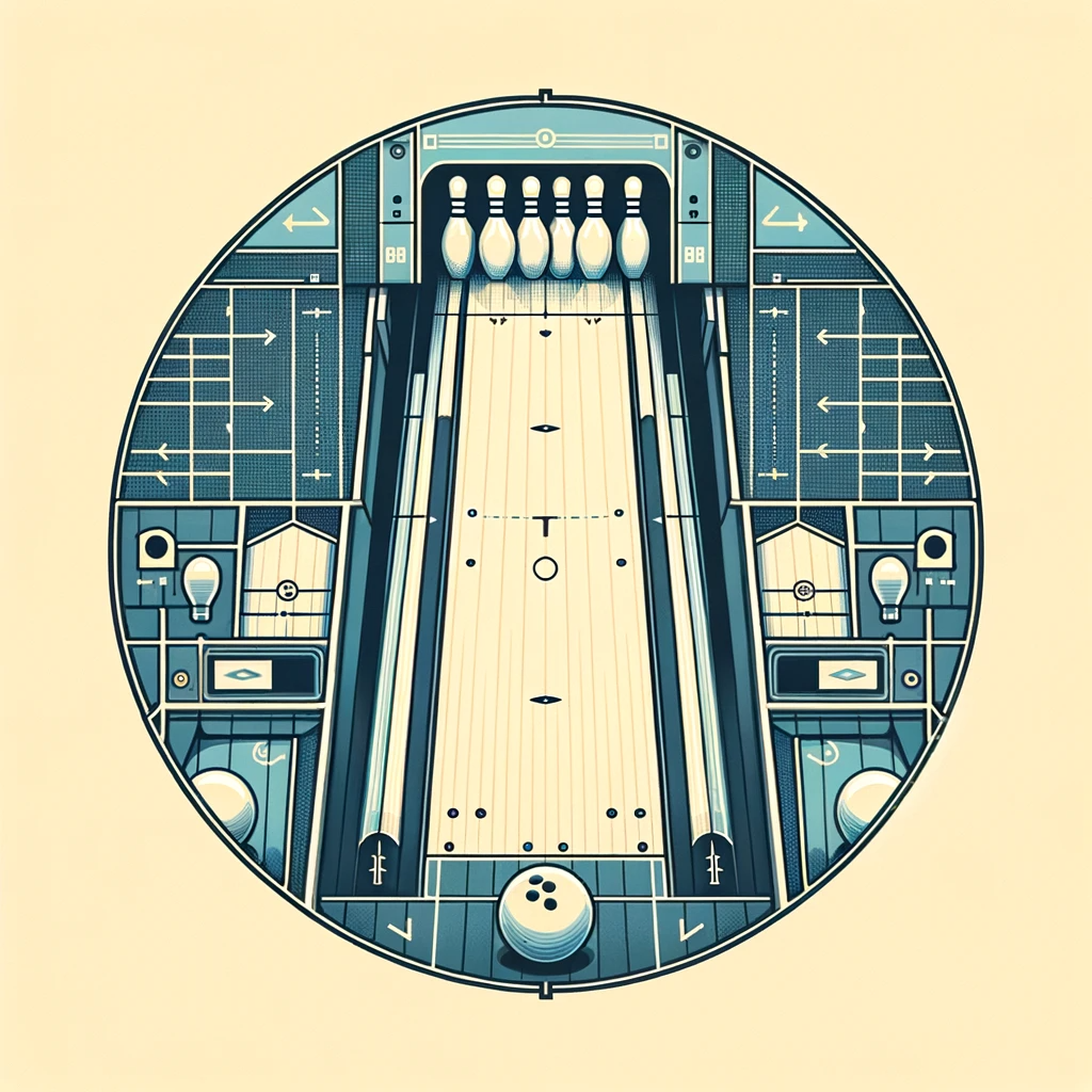 An image of a bowling lane, viewed from above, showing a detailed diagram. The diagram includes all the standard markings, dimensions.